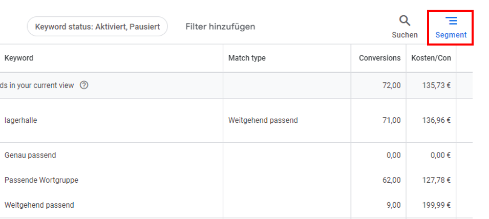 Auswertung mithilfe der Funktion Segmente