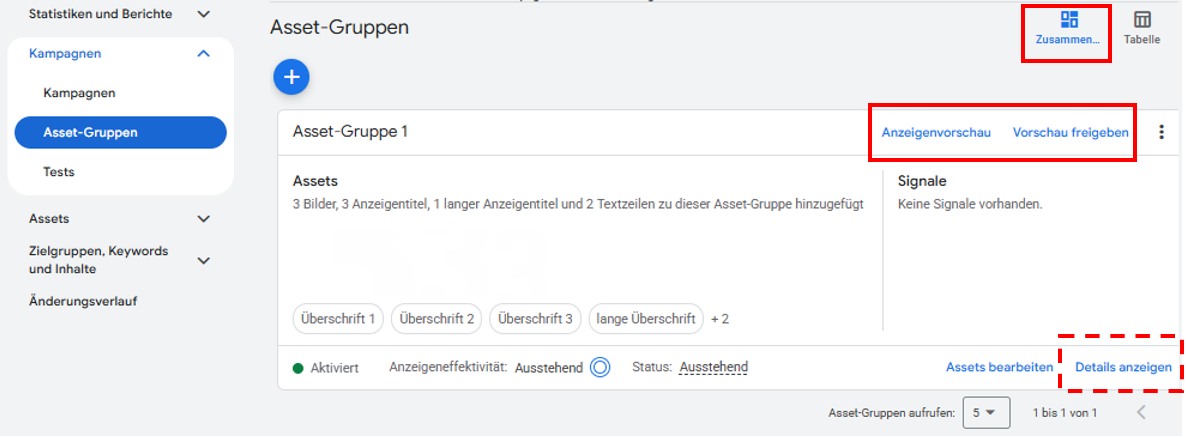 PMax Anzeigenvorschau und Freigabe