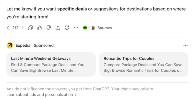 Zweites Beispiel einer ChatGPT Ads Einblendung mit Targeting-Kontext