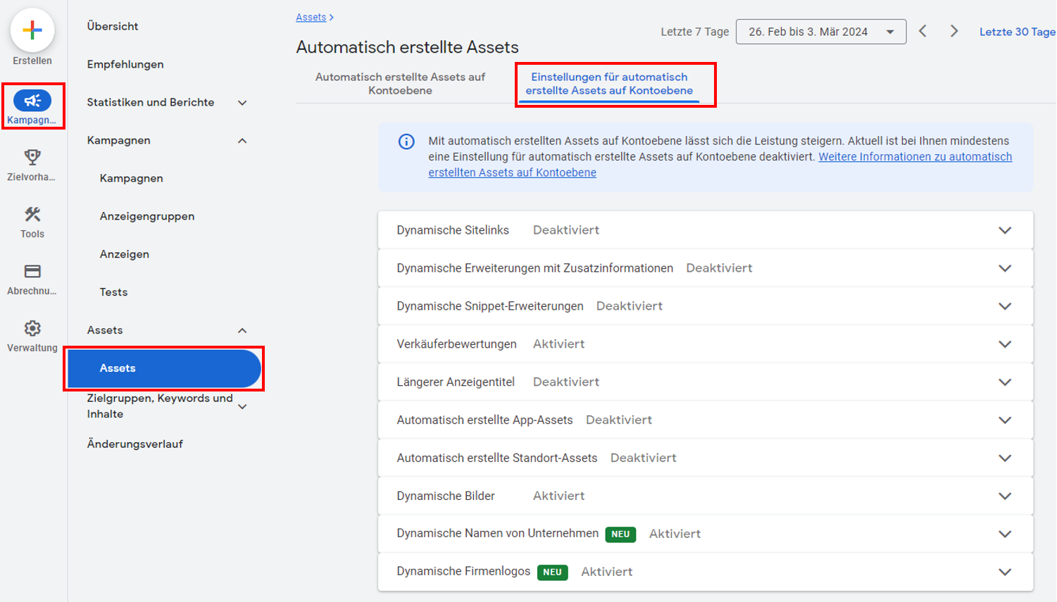 Searchkampagnen: automatisch erstellte Assets