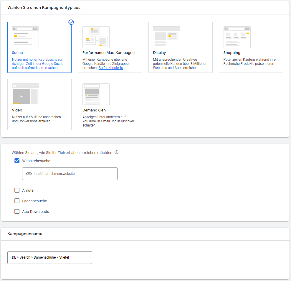 Searchkampagnen: Kampagnentyp und -name